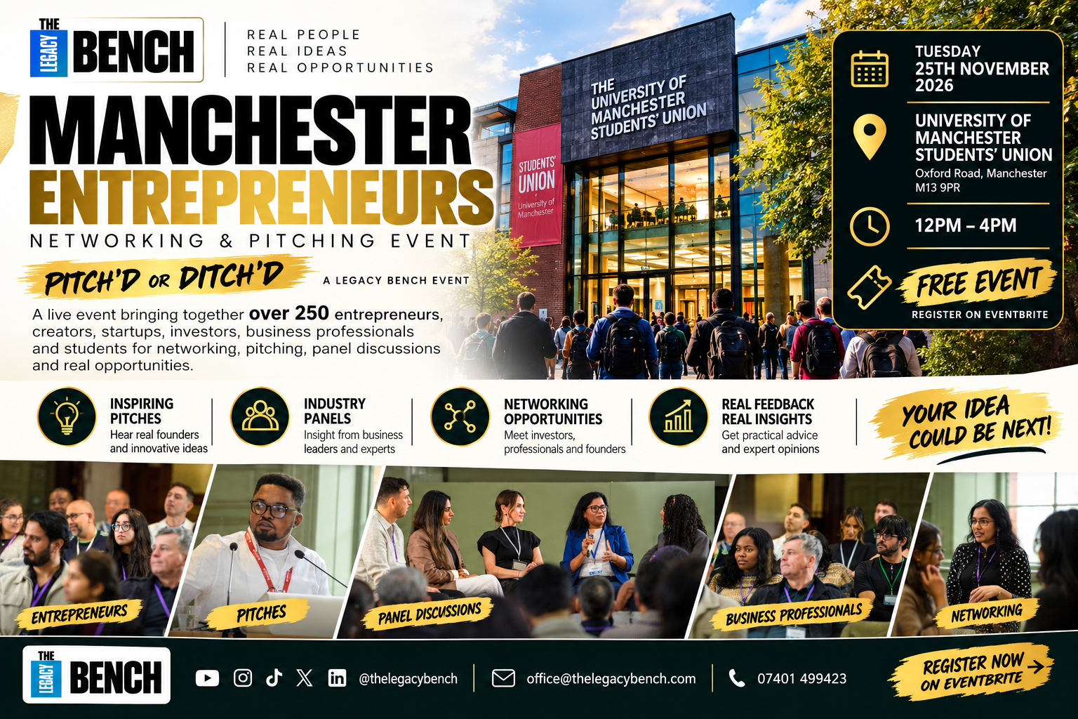 Manchester Entrepreneurs networking and pitching event flyer — Pitch'd or Ditch'd, a Legacy Bench event